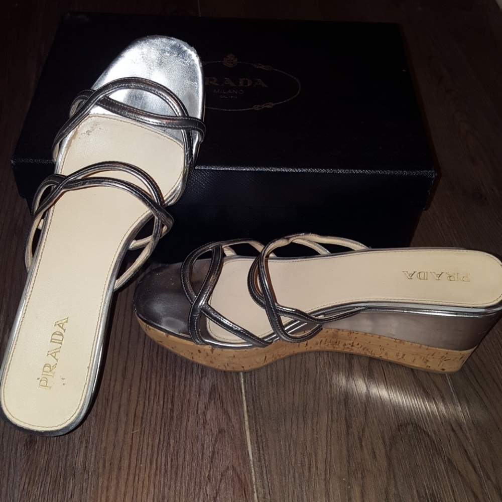 Prada Silver Cork Wedge Sandal